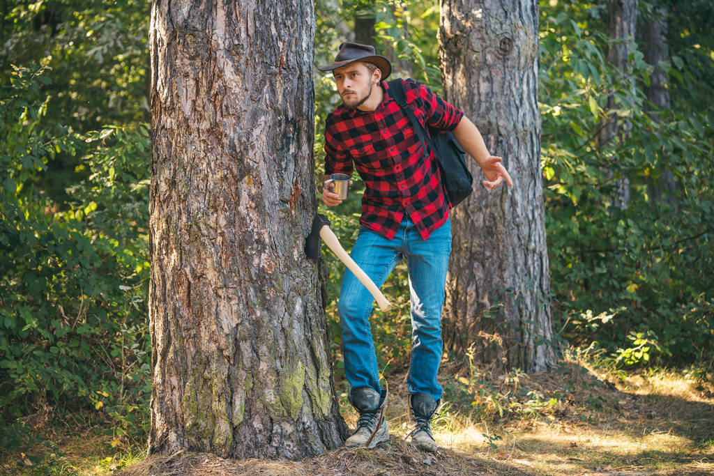 木材ジャックの労働者斧で森の中を歩く。斧を持つハンサムな男。プレイしたシャツに斧を持つ強い男ルンベルジャック。農業と林業のテーマ. - 写真・画像