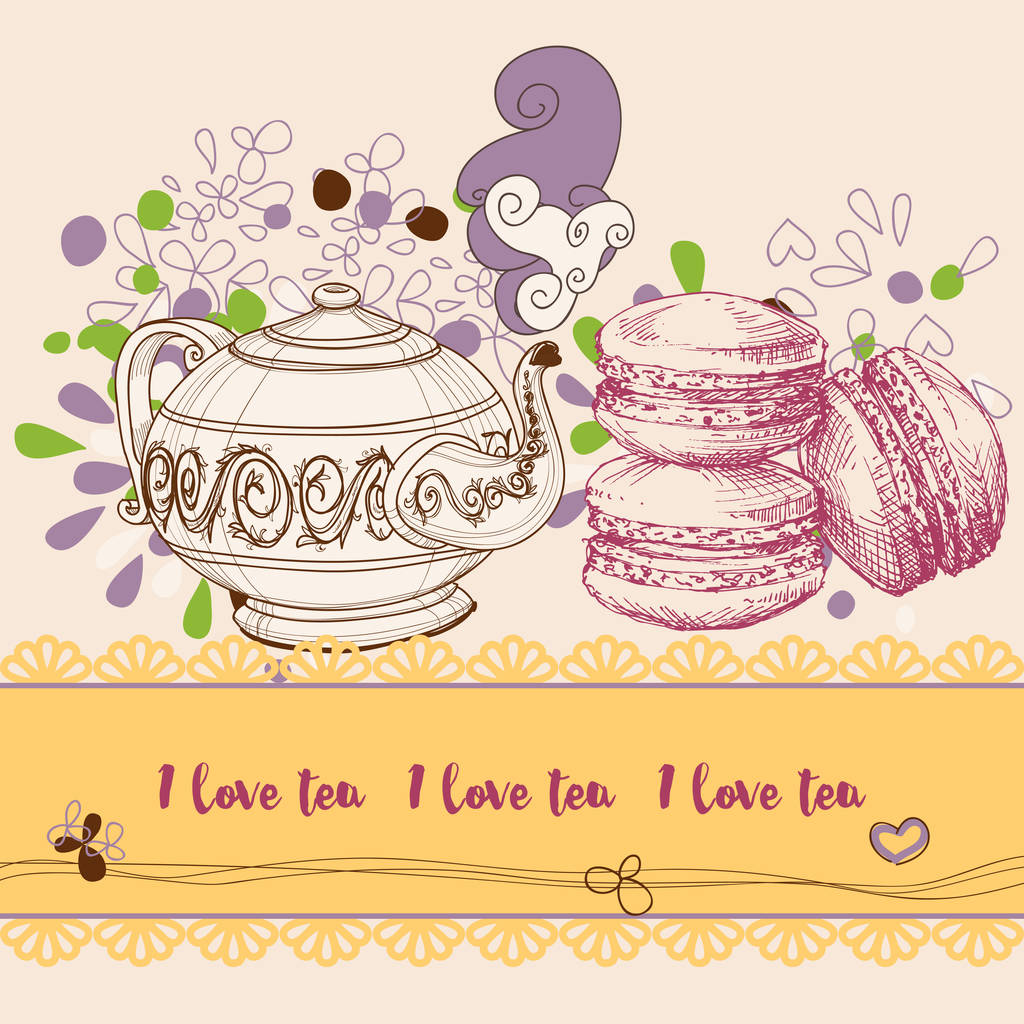紅茶とクッキーのリーフレット、マカロンのデザイン要素 - ベクター画像