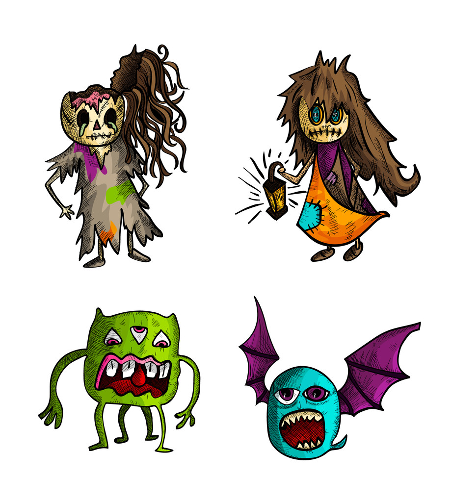Halloween monstros isolados esboço estilo criaturas definido
. - Vetor, Imagem