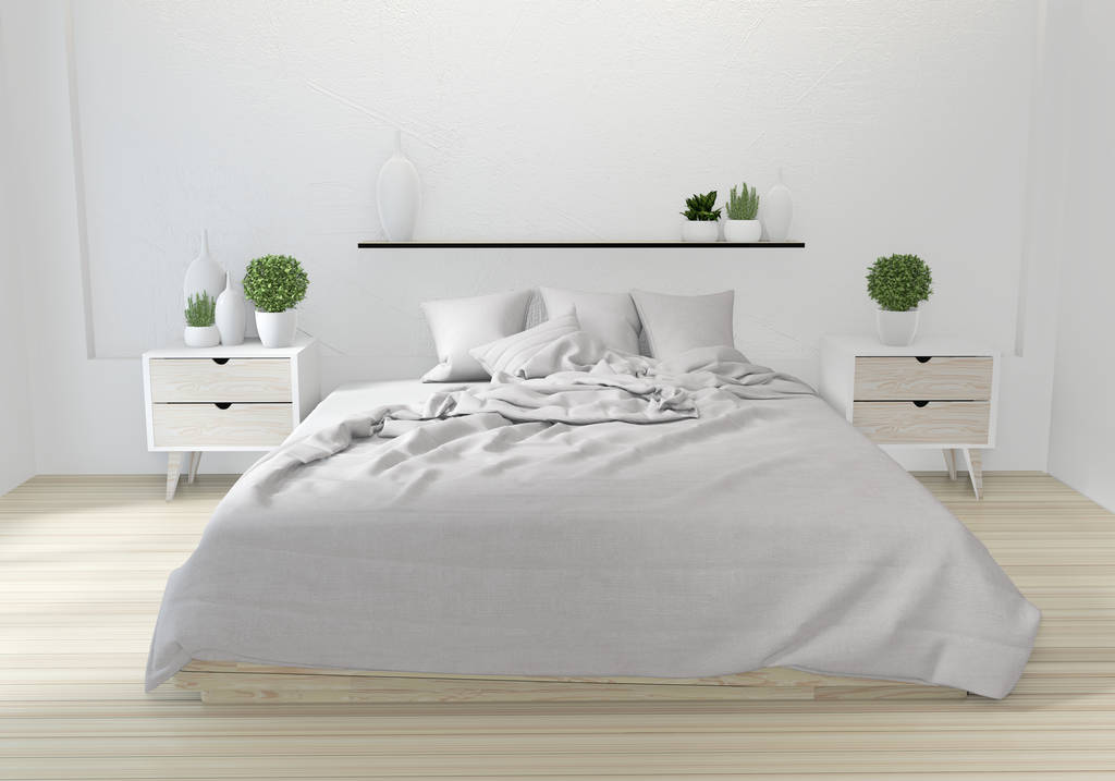 Beyaz yatak odası Japon tasarımı 3D tasarım. - Fotoğraf, Görsel