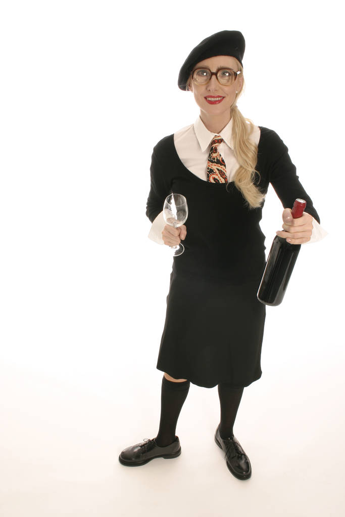 young blond woman holding wine bottle - Foto, Imagem