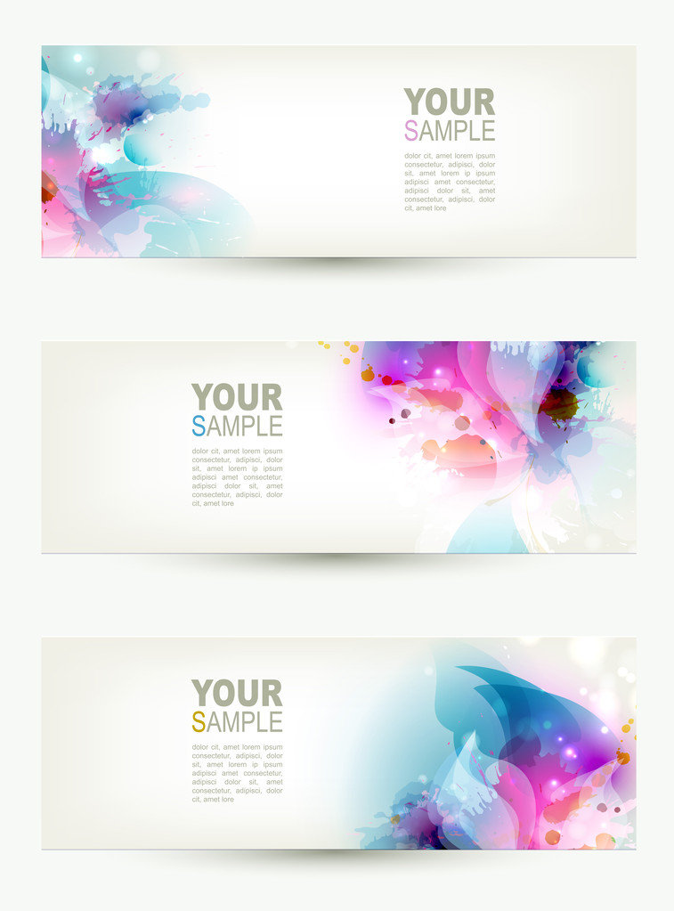 set van drie banners, abstracte headers met blauwe en roze vlekken - Vector, afbeelding