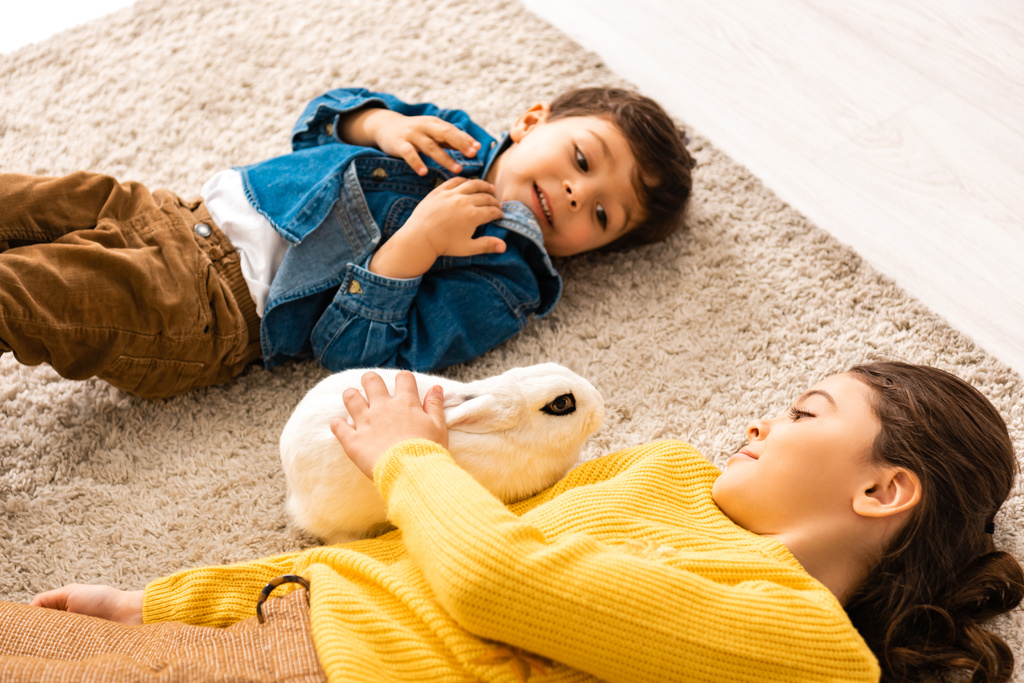 vysoký úhel pohledu na bratra a sestru ležící na podlaze v blízkosti bílé legrační králík - Fotografie, Obrázek