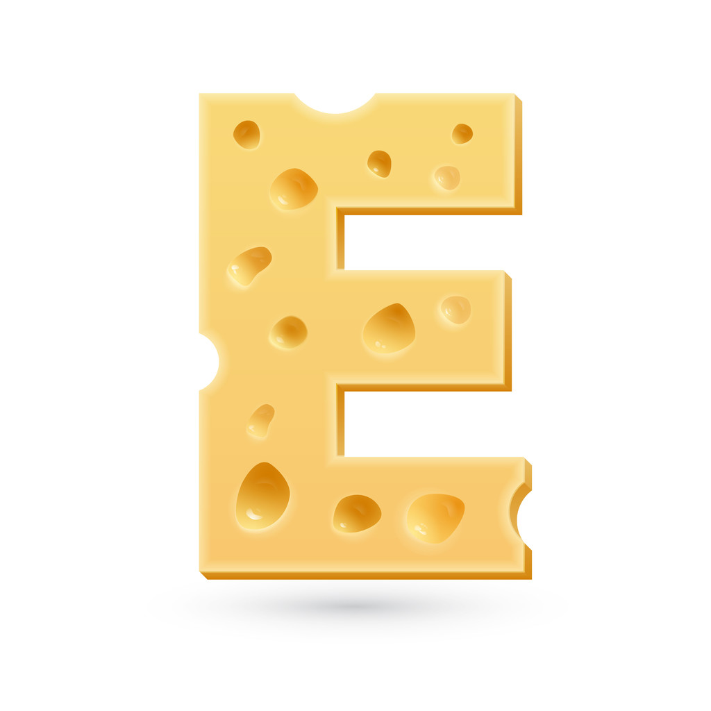 Lettre au fromage E. Symbole isolé sur blanc
. - Vecteur, image