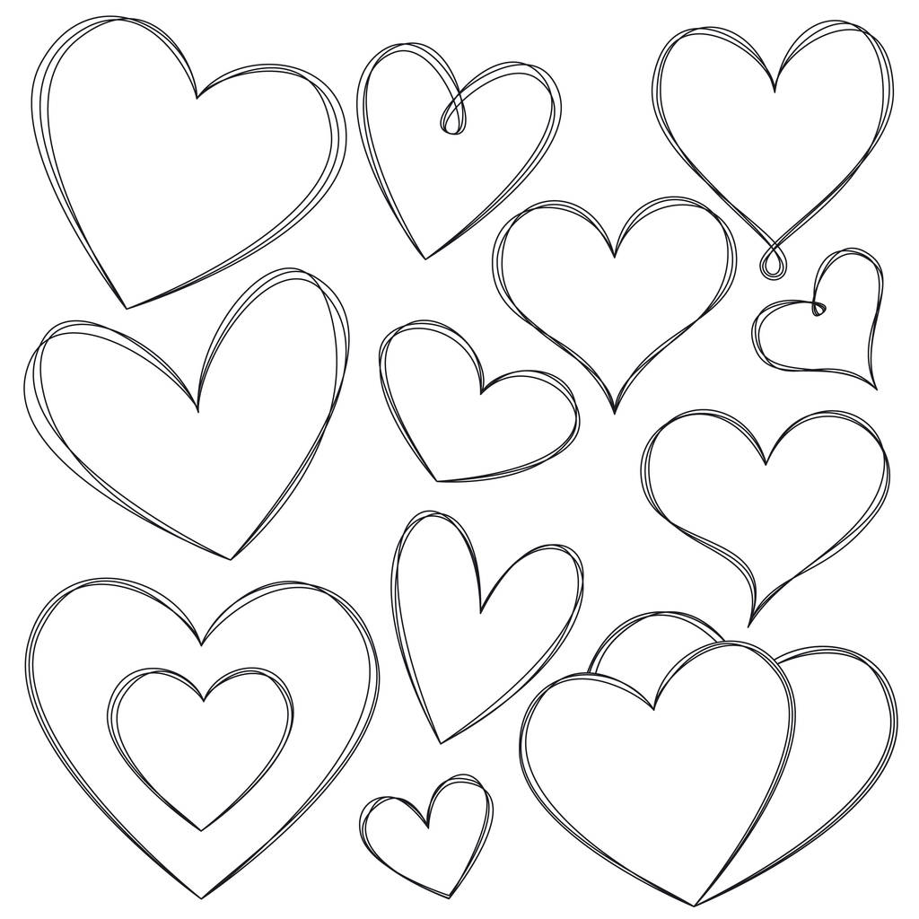 Wektorowy zestaw ręcznie rysowanych serc z kilkoma czarnymi liniami. Ręczne rysowanie chropowatego markera serca izolowanego na białym tle - Wektor, obraz