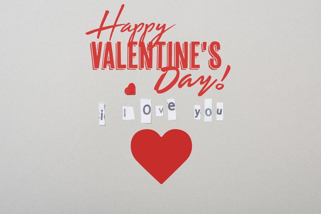 Vista superior de te amo letras con corazón de papel y feliz día de San Valentín ilustración aislada en gris
 - Foto, imagen