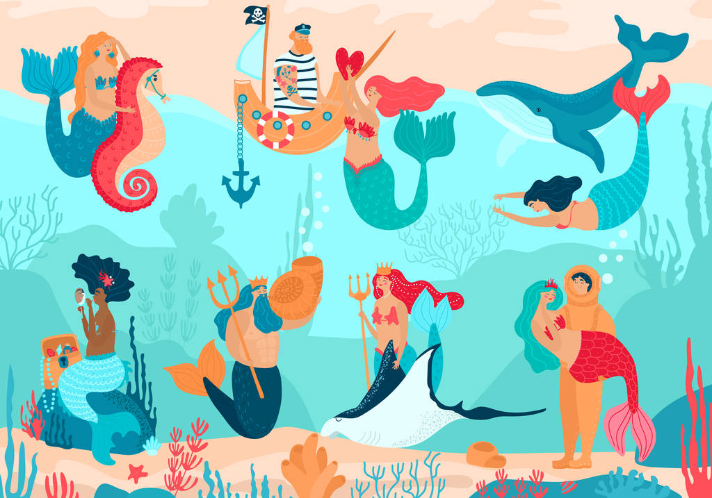 Русалки под водой, персонажи мультфильмов люди векторные иллюстрации
 - Вектор,изображение