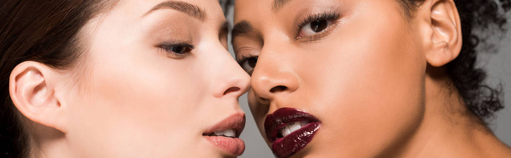 tiro panorâmico de meninas multiétnicas concurso com pele perfeita, isolado em cinza
 - Foto, Imagem
