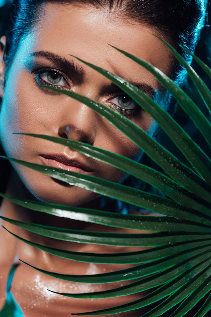 jong aantrekkelijk vrouw bedekking gezicht met palm blad   - Foto, afbeelding
