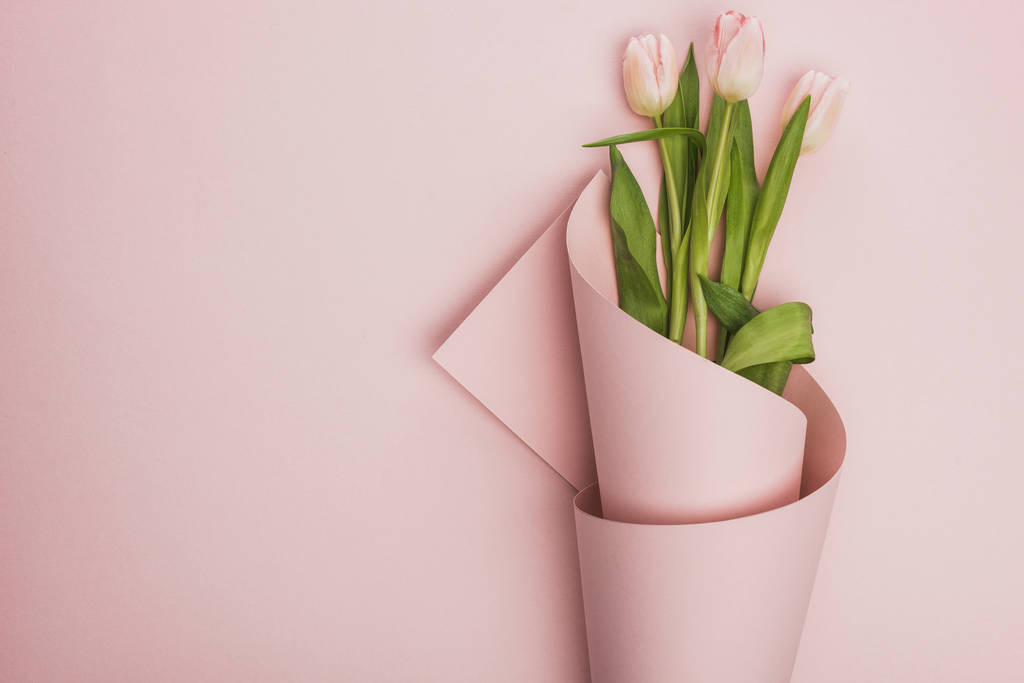 vista superior de tulipanes envueltos en papel sobre fondo rosa
 - Foto, Imagen