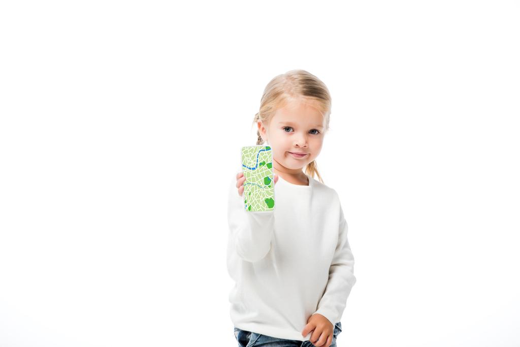 adorable kid showing smartphone with map on screen, isolated on white - Photo, Image