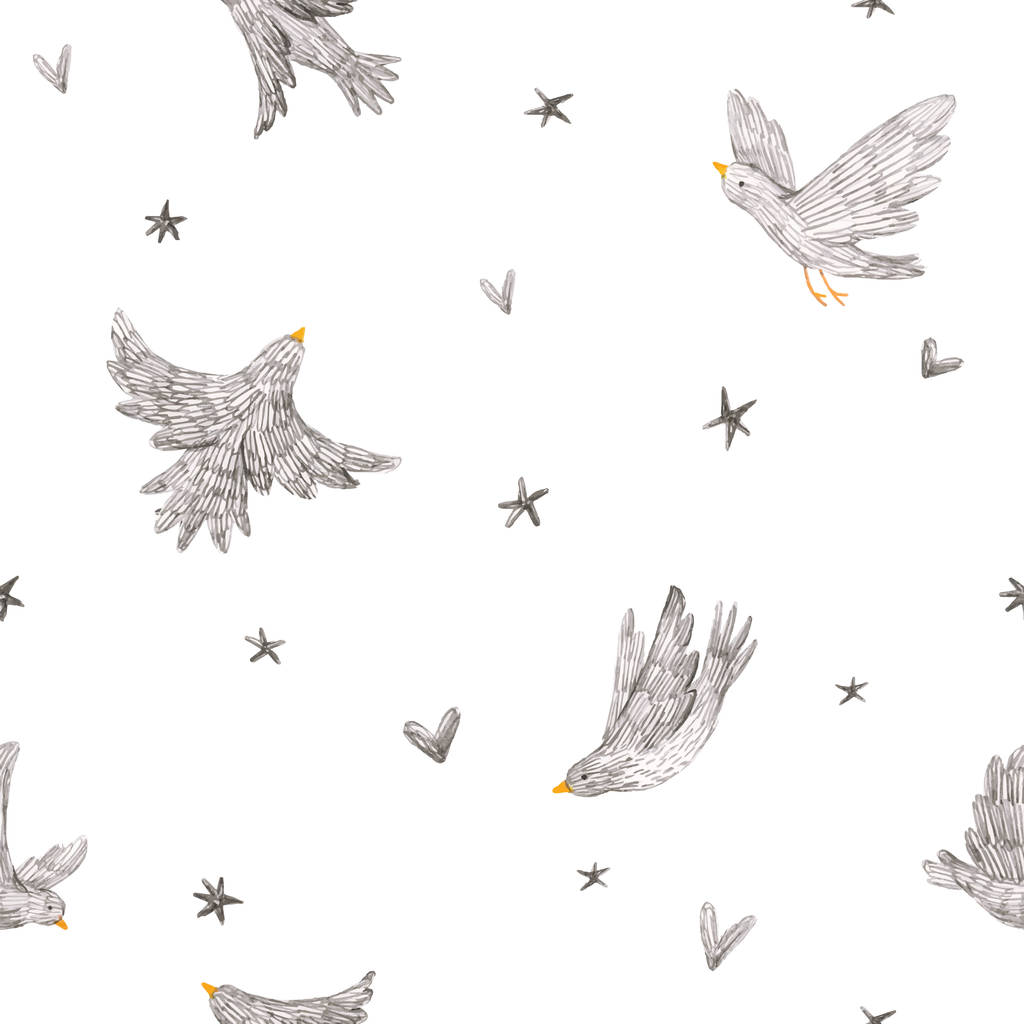 Όμορφη διάνυσμα αδιάλειπτη μοτίβο με χαριτωμένο χέρι ζωγραφισμένα μονόχρωμα γκρι πουλιά και αστέρια. Εικονογράφηση αρχείου μωρού. - Διάνυσμα, εικόνα