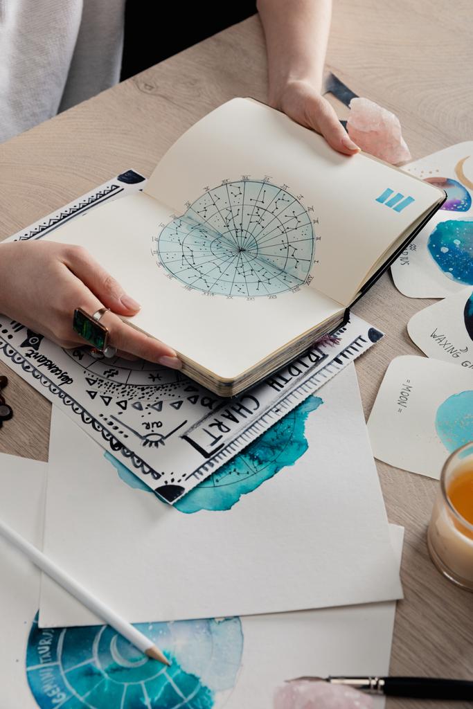 Καλλιεργημένη άποψη του αστρολόγου κρατώντας σημειωματάριο από κάρτες με ακουαρέλα σχέδια των ζωδίων στο τραπέζι - Φωτογραφία, εικόνα