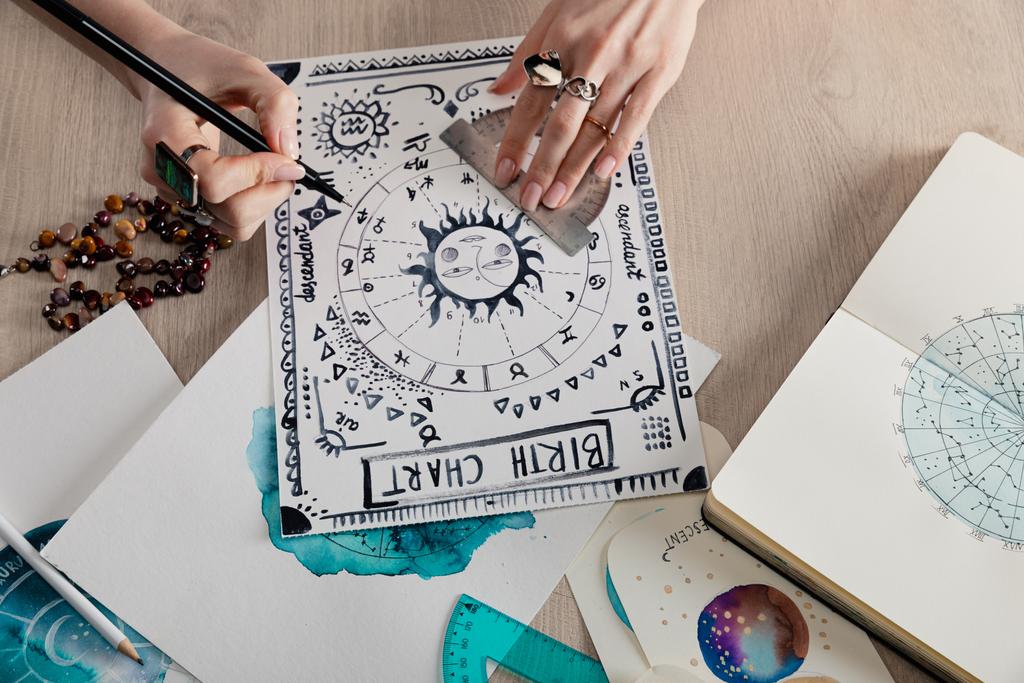 Korkea kulma näkymä akvarelli maalauksia horoskooppi kortteja ja astrologi piirustus syntymäkartan pöydässä
  - Valokuva, kuva