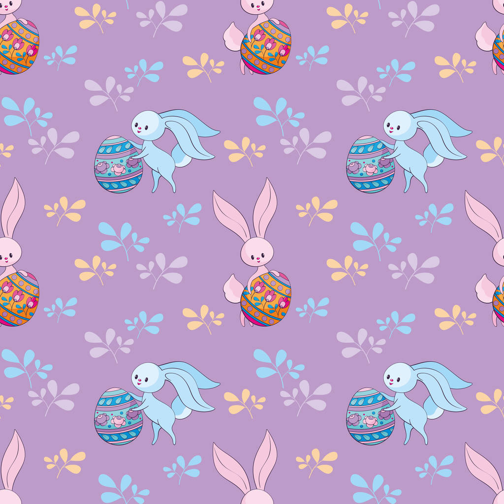 Великодній безшовний візерунок з милими кроликами та кольоровими яйцями. Барвистий векторний фон
. - Вектор, зображення