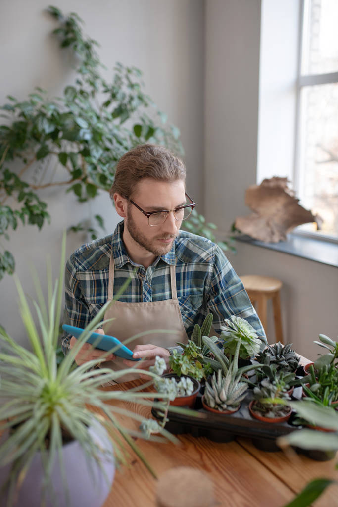 Homme vérifiant l'état de ses succulents à l'aide d'une tablette
 - Photo, image
