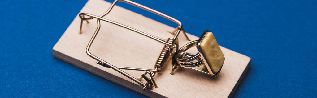 Panorâmica tiro de anel de jóias na armadilha do mouse no fundo azul
 - Foto, Imagem