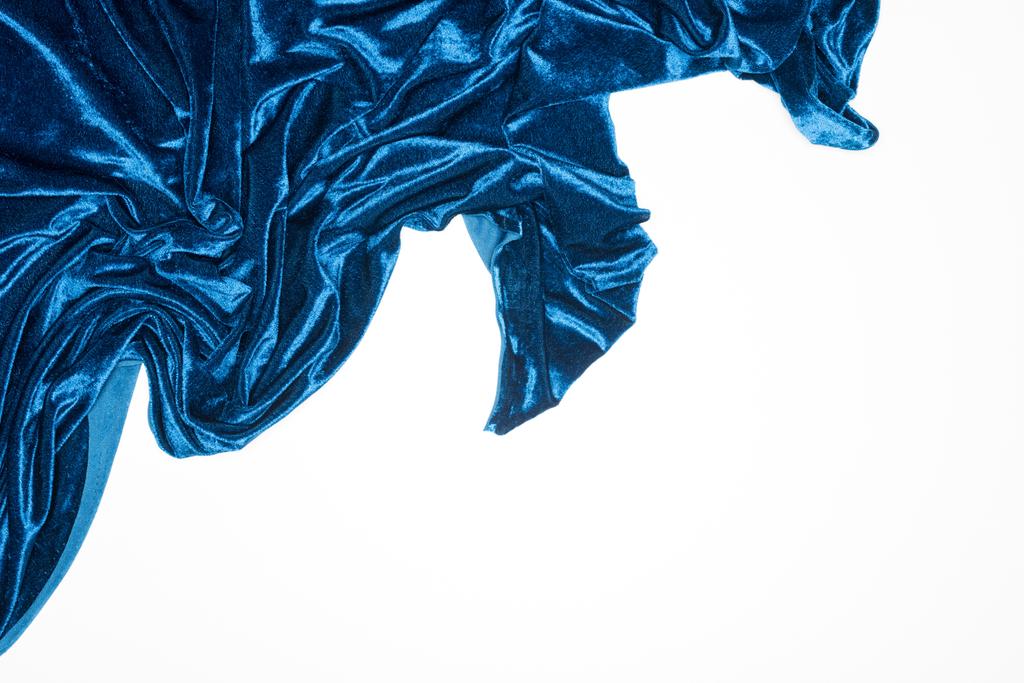 Top view of blue velvet fabric isolated on white with copy space - Photo, Image