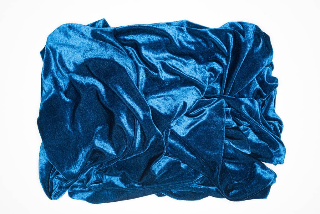 Vista superior de tecido azul amassado isolado em branco
 - Foto, Imagem