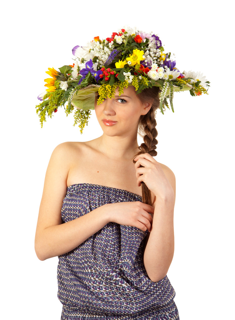 piękna dziewczyna z kapelusz kwiaty - Zdjęcie, obraz