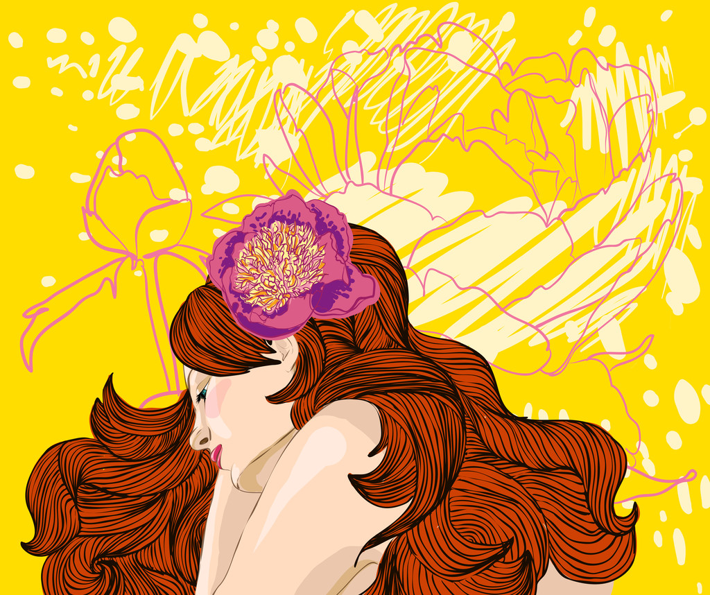 Vector portrait of red hair woman on floral background - Vector, Image