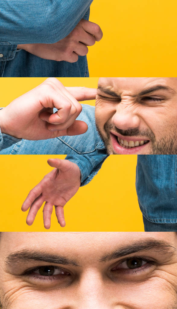 collage of man in denim shirt grimacing and gesturing isolated on yellow - 写真・画像