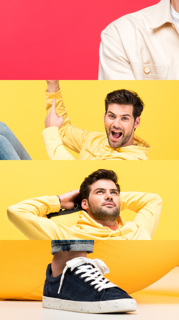 Collage von Menschen, die unterschiedliche Emotionen zeigen, isoliert auf rot und gelb - Foto, Bild