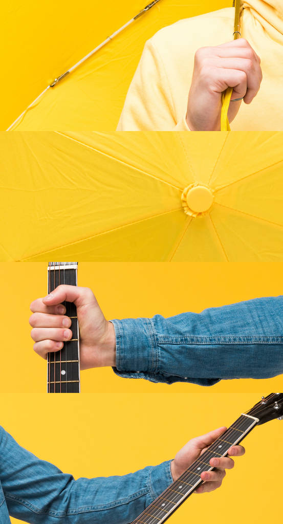 collage of man holding acoustic guitar and umbrella isolated on yellow - Photo, Image