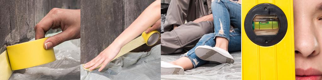 collage of couple using Scotch tape and level while renovating home - Photo, Image