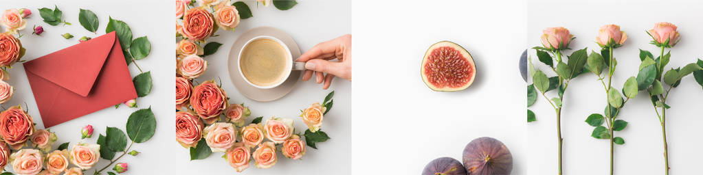 collage van vrouw met kopje koffie, roze bloemen, envelop en verse vijgen  - Foto, afbeelding