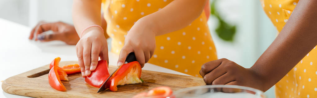 panoramic shot of african american kid cutting bell pepper near mother  - Photo, Image