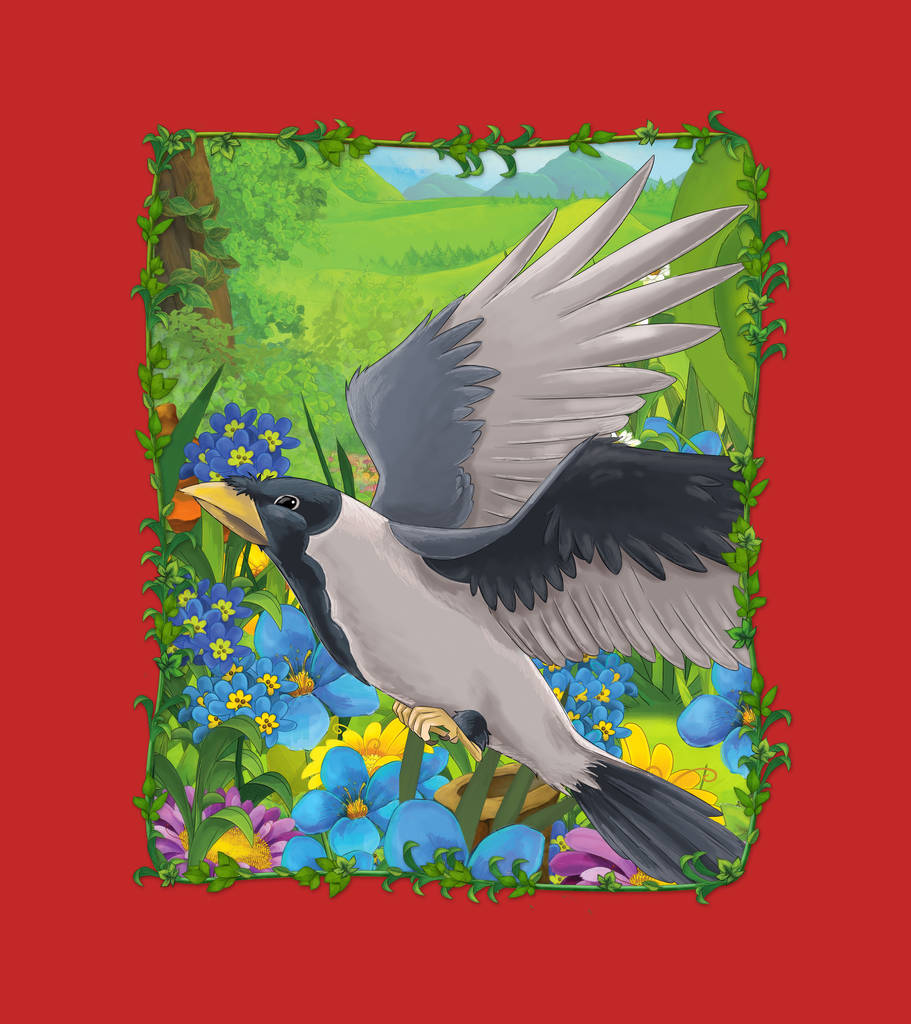kreslená scéna s krásným ptákem na louce ilustrace - Fotografie, Obrázek
