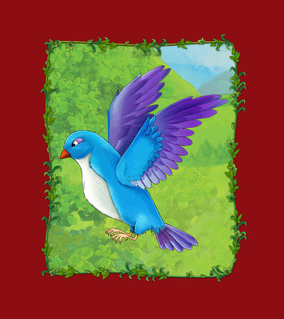 kreslená scéna s krásným ptákem na louce ilustrace - Fotografie, Obrázek