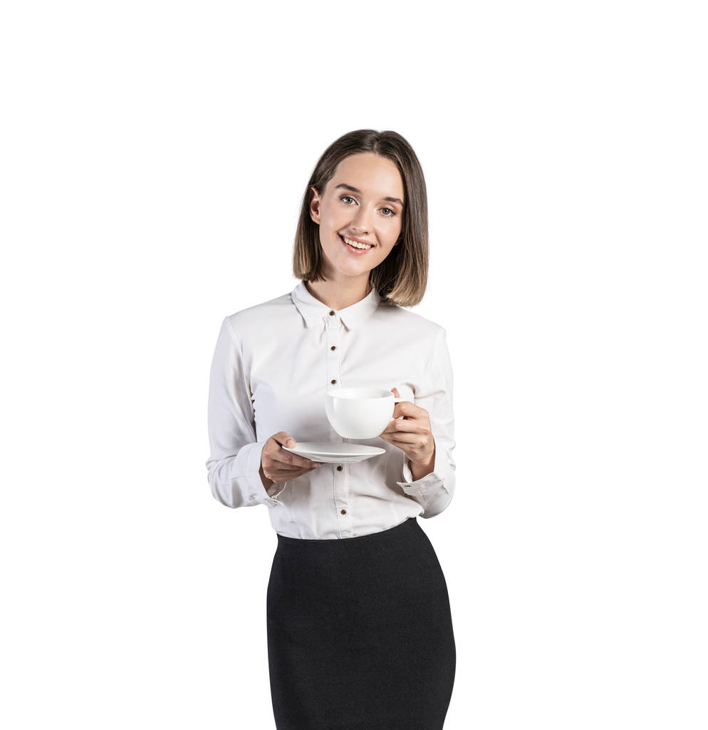Mujer de negocios sonriente con taza de café, aislada
 - Foto, imagen