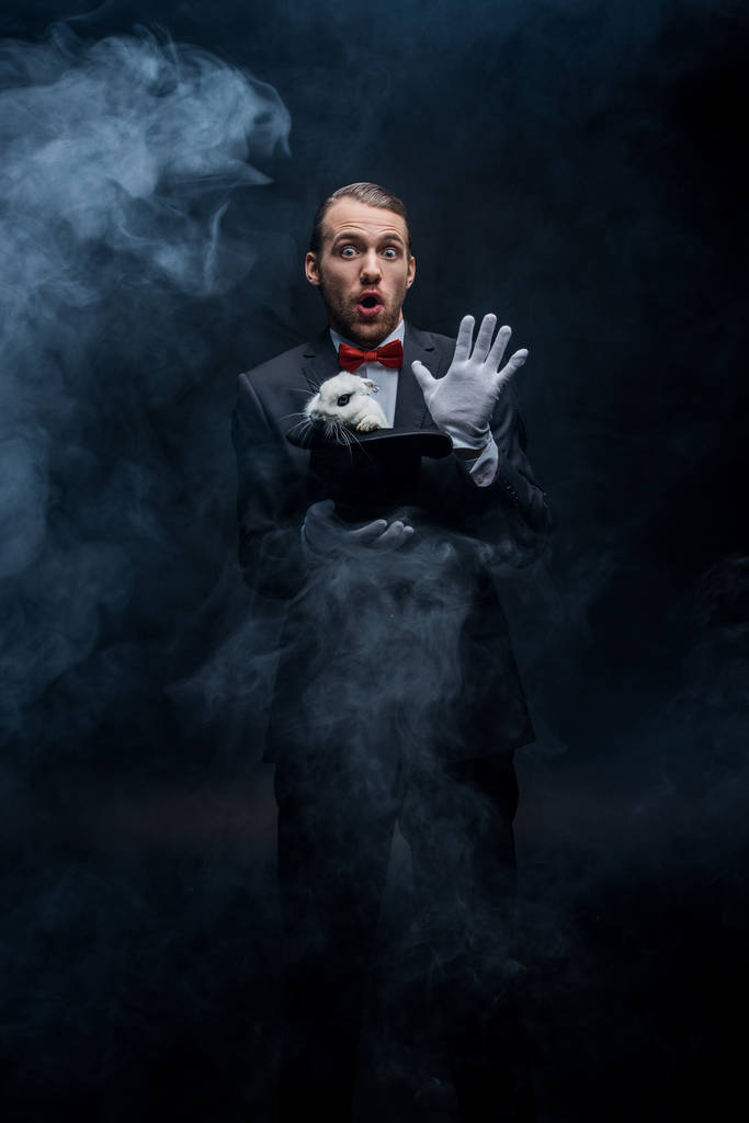 magicien émotionnel en costume tenant chapeau avec lapin blanc, chambre sombre avec fumée
 - Photo, image