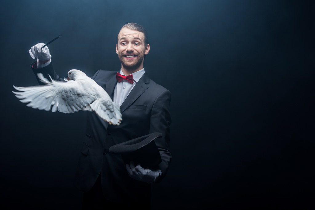 usmívající se kouzelník ukazující trik s holubicí, hůlkou a kloboukem v tmavé místnosti s kouřem  - Fotografie, Obrázek