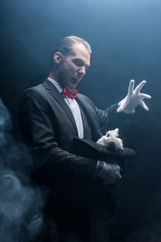 professioneller Zauberer schreit und gestikuliert über weißes Kaninchen mit Hut, dunkler Raum mit Rauch - Foto, Bild