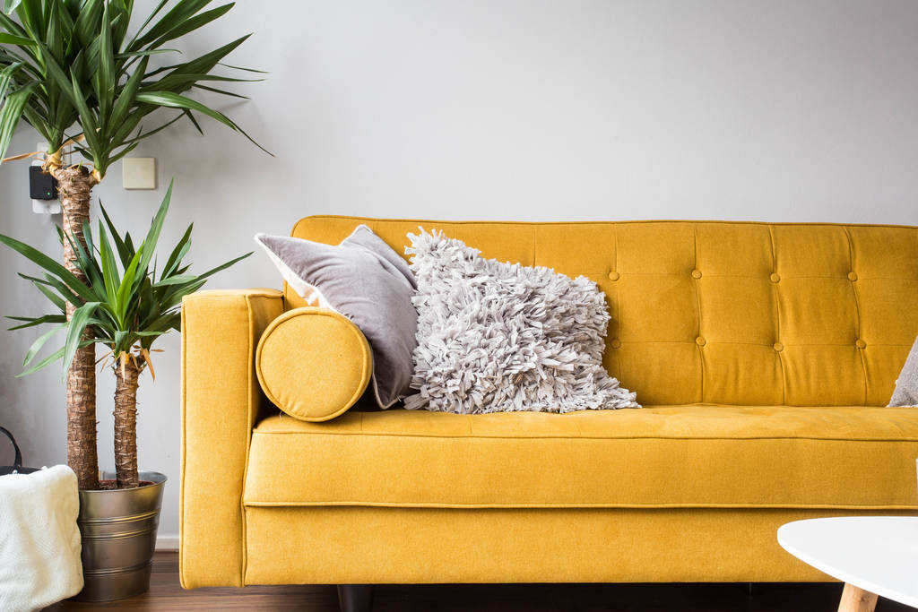 Стильный интерьер гостиной с удобным желтым диваном и зеленым растением современный дизайн
 - Фото, изображение
