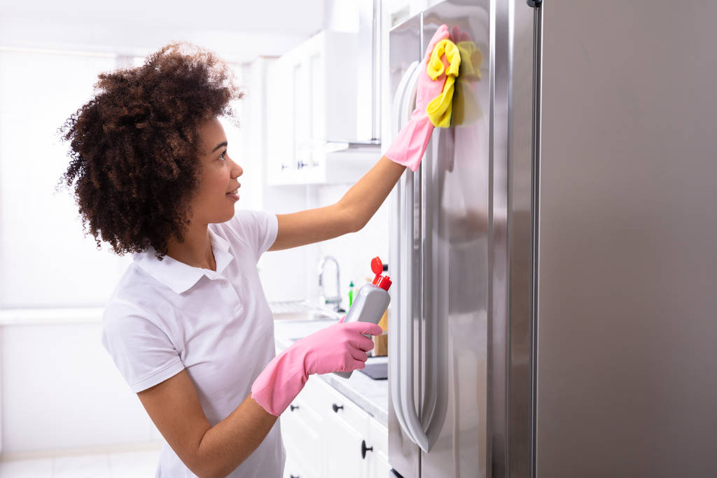 Yakın çekim ciddi genç kadının buzdolabı sarı peçete ve sprey deterjan ile Temizleme - Fotoğraf, Görsel