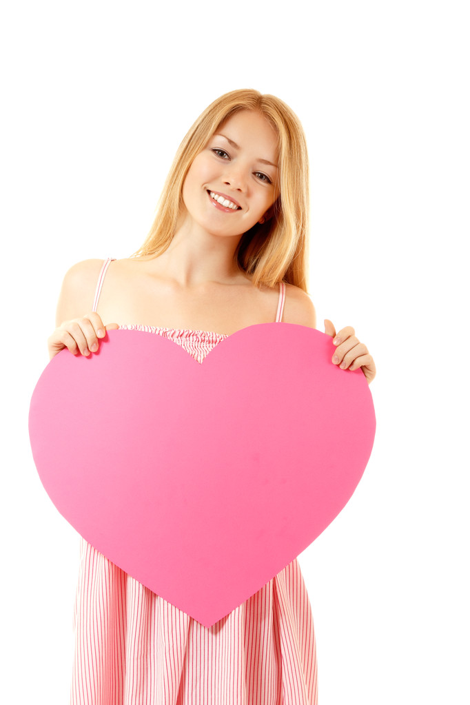 Szczęśliwa dziewczyna z wielkim różowy serce - Zdjęcie, obraz