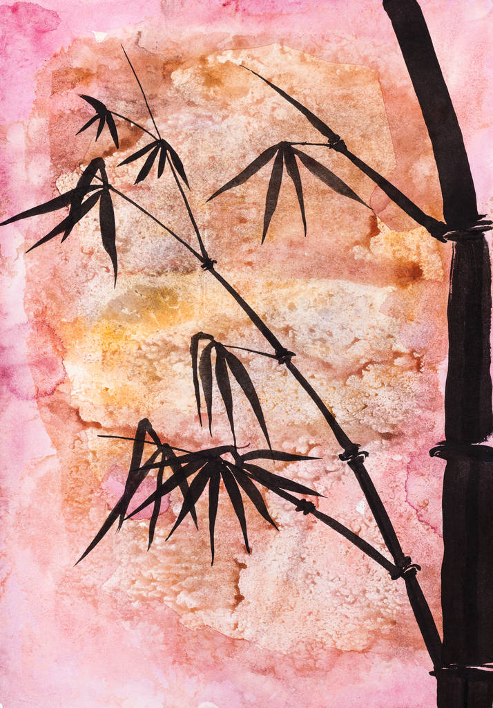 Zeichnung im Sumi-e (suibokuga) Stil - Bambuspflanze handbemalt mit schwarzen Aquarellen auf abstraktem rosafarbenem Papier - Foto, Bild