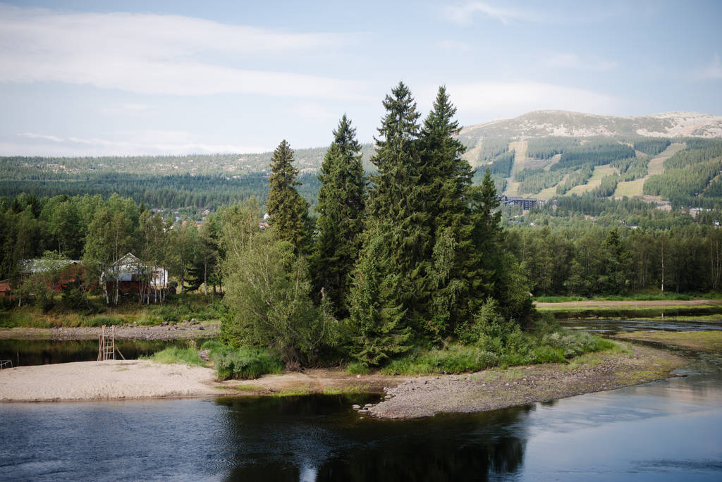 River and evergreen trees on shores in sunlight, Trysil, Norway's largest ski resort  - Photo, Image