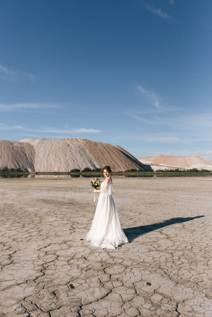 Красива елегантна наречена на фоні соляних піщаних кар'єрів
 - Фото, зображення