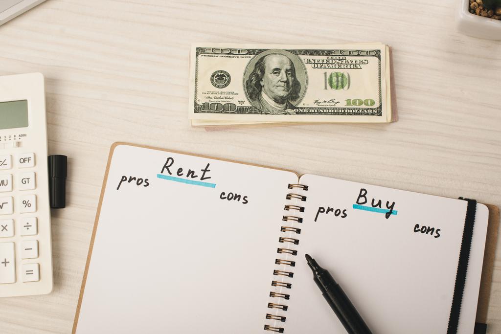 vista superior de notas de dólar perto notebook com alugar e comprar letras, caneta marcador e calculadora
  - Foto, Imagem