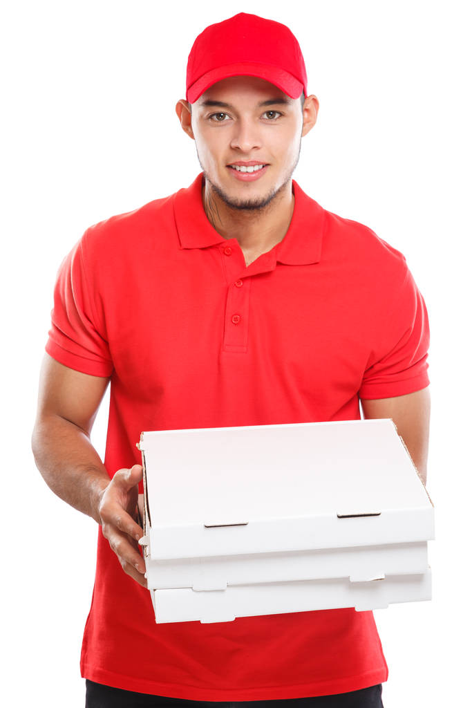 Pizza entrega latino chico orden entrega trabajo entregar caja joven aislado en un fondo blanco
 - Foto, imagen