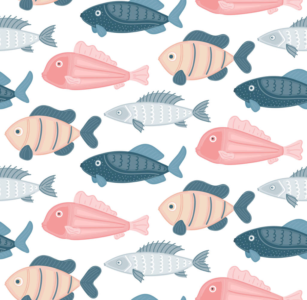 抽象的な魚とベクトルシームレスパターン。海底世界。水族館。ペットショップや漁具店での包装紙、パッケージ、壁紙、衣類や他の繊維、シーフードメニューカバー、バナー - 写真・画像