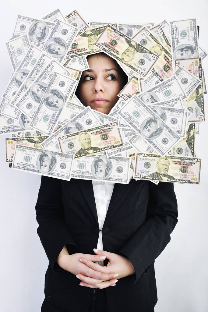 Felice giovane donna d'affari isolato su bianco giocare con soldi dollari e che rappresenta il successo nella finanza
 - Foto, immagini
