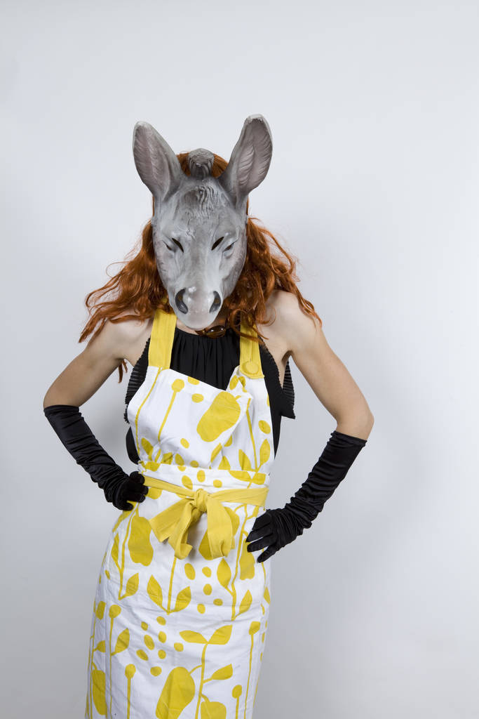 Esel-Hausfrau mit Schürze über Abendkleid und Abendhandschuhen - Foto, Bild
