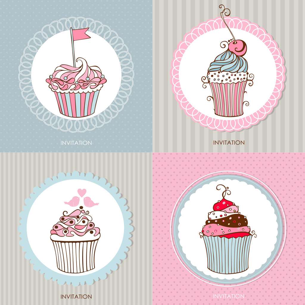 dekoratív kézzel rajzolt édes cupcakes kártyák - Vektor, kép