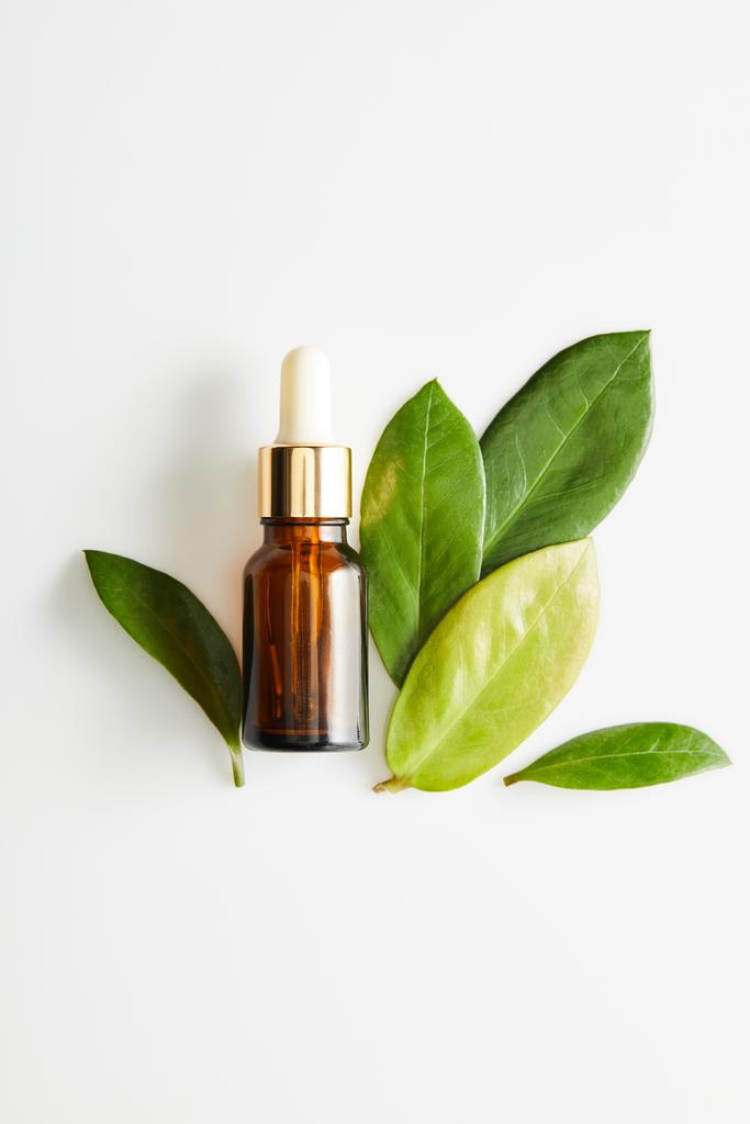 Top view of bottle of cosmetic oil with leaves on white background - Photo, Image